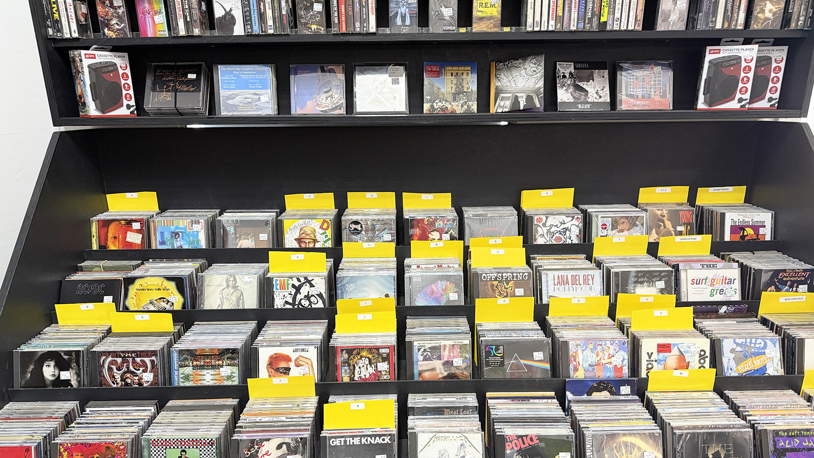 Display of compact discs and cassettes at Rockin' Ruby's Records on Bainbridge Island, WA