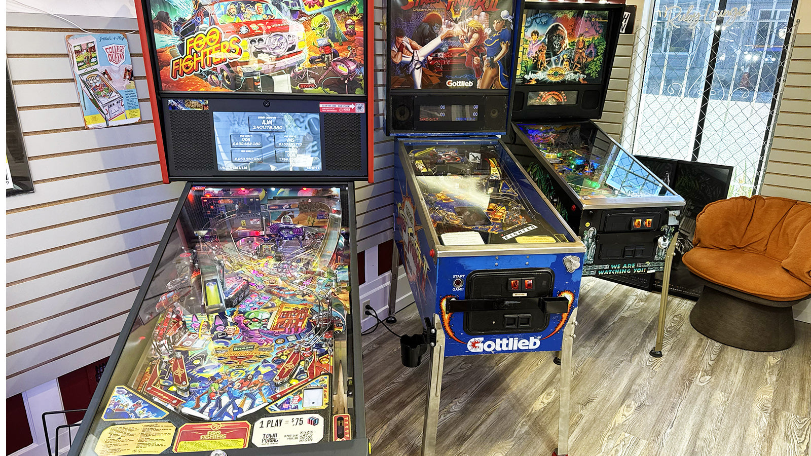Pinball machines lined up and ready to play at Rockin' Ruby's Records in Poulsbo, WA