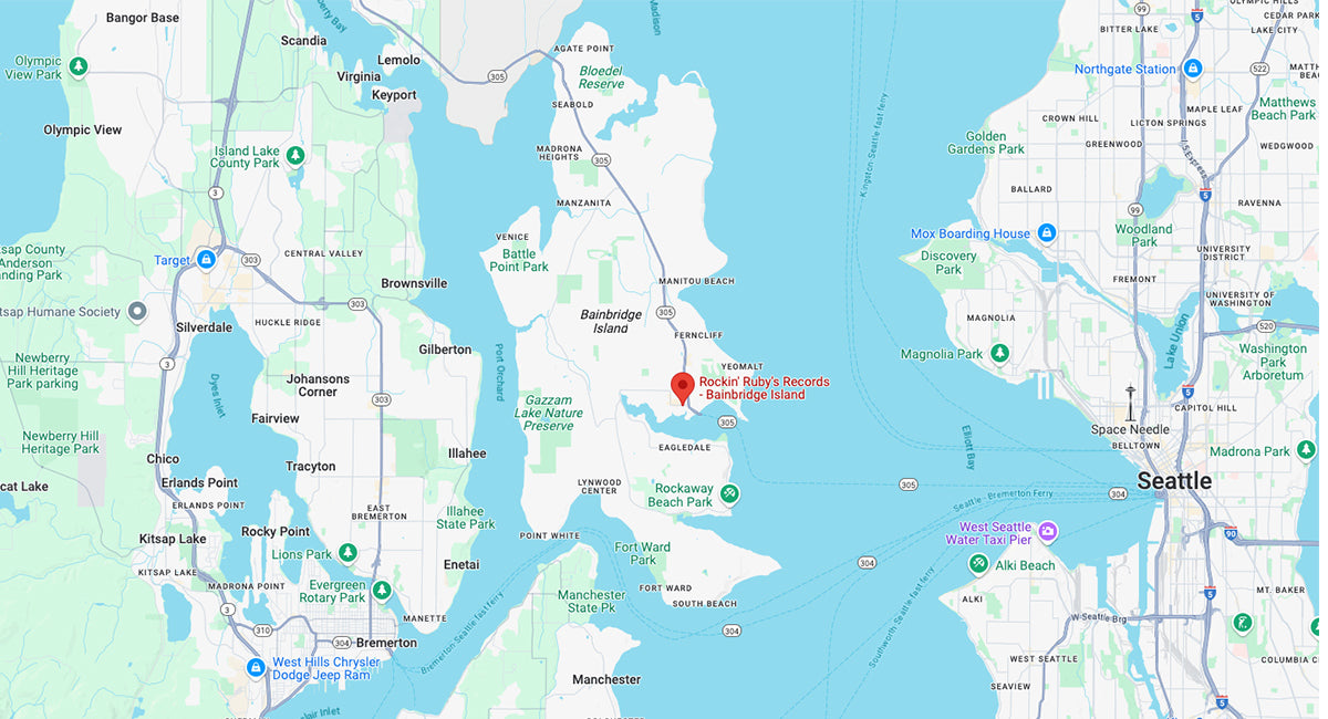 Map showing location of Rockin' Ruby's Records on Bainbridge Island, WA